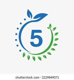 Letter 5 Healthcare Logo. Doctor Logo Sign, Medical Pharmacy Eco Leaf Symbol Design