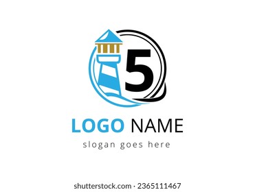 Letter 5 Lighthouse Logo Design Vector Template. Modern vector lighthouse logo for business, organization, or website
