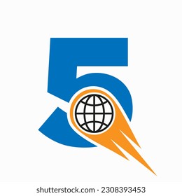 Concepto de logotipo de carta 5 con plantilla de vector de icono mundial 