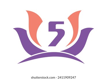Letter 5 Logo with Lotus Flower Design Symbol Vector Template.