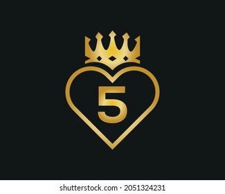 letter 5 Logo with love And Crown Shape golden color  vector template