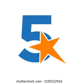 Letter 5 Negative Space Star Logo Vector Template. Minimal Star Symbol