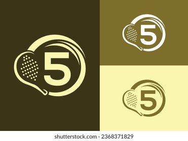 Letter 5 mit Padel Racket Logo Design Vectorvorlage. Beach Table Tennis Club Symbol. Geschäftsidentität und Firmenidentität