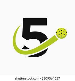 Letter 5 Pickleball Logo Concept With Moving Pickleball Symbol. Pickle Ball Logotype