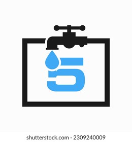 Letter 5 Plumber Logo Design. Plumbing Water Logo Template