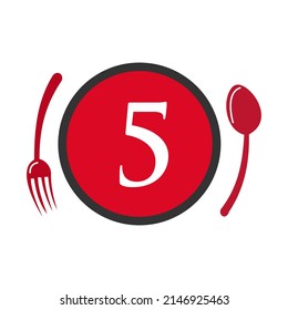 Letter 5 Restaurant Logo. Restaurant Logotype On Letter 5 Spoon And Fork Concept Vector