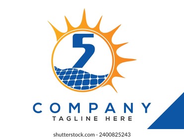 Letter 5 with solar panel and sun sign Logo Design Vector Template.