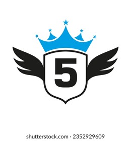 Letter 5 Transportation Logo With Wing, Shield And Crown Icon. Wing Logo On Shield Symbol