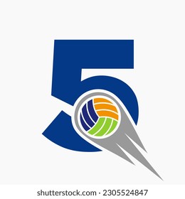Letter 5 Volleyball Logo Concept With Moving Volley Ball Icon. Volleyball Sports Logotype Template