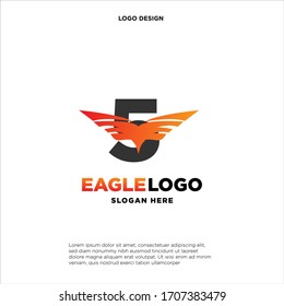 Buchstabe 5 mit Flügeln. Vorlage für Logo, Etikett, Emblem, Zeichen, Stempel. Vektorillustration.