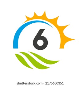 Letter 6 Agriculture Logo Vector Template. Agriculture Logo Concept with Green Field and Bright Sun Element