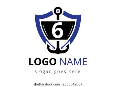 letter 6 with Anchor Logo Design Template. Marine, Sailing Boat Logo