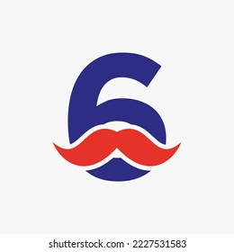 Letter 6 Barbershop Logo Design. Hairstylist Logotype For Mustache Style and Fashion Symbol