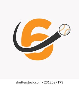Letter 6 Baseball Logo Concept With Moving Baseball Icon Vector Template