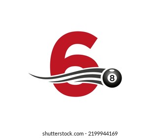 Letter 6 Billiards or Pool Game Logo Design For Billiard Room or 8 Ball Pool Club Symbol Vector Template