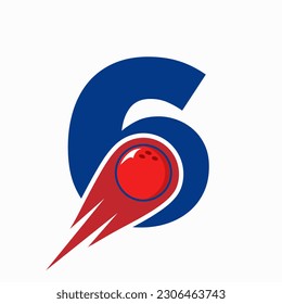 Letter 6 Bowling Logo. Bowling Ball Symbol With Red Moving Ball Icon