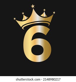 Letter 6 Crown Logo. Crown Logo on Letter 6 Vector Template for Beauty, Fashion, Star, Elegant, Luxury Sign