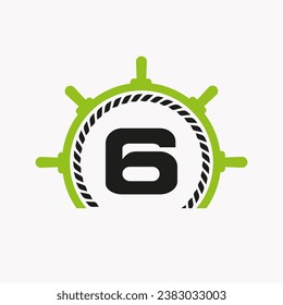 Letter 6 Cruise Steering Logo. Yacht Symbol, Ship Logotype, Marine Sign Template