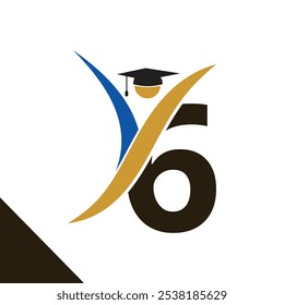 Letter 6 With Education Logo Design Vector Template. Graduation Hat Icon