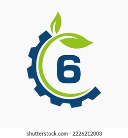 Letter 6 Gear Leaf Logo Design Vector Template. Leaf And Gear Symbol