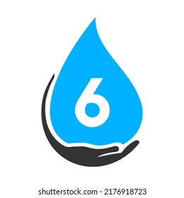 Letter 6 Hand and Water Logo Concept. Water Care Logo Vector Template