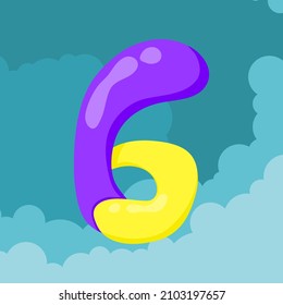 letter 6 initials Purple and yellow balloons are interlaced to form letters floating isolated on sky and clouds background, vector logo letter typography illustration.
