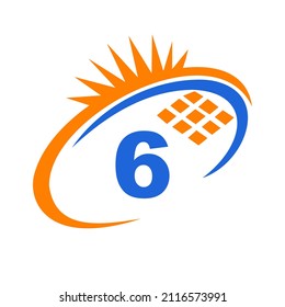 Letter 6 Inside Solar Cell or Solar Panel Energy Logo Design. Letter 6 Logo with Solar Elements, Sun, Solar Panels Sign