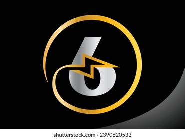 Letter 6 with lighting thunder bolt Logo Design Vector Template.