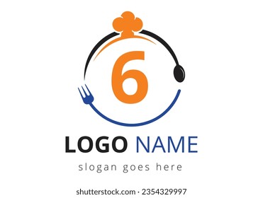 Letter 6 Logo With Chef Hat, Spoon And Fork For Restaurant Logo. Modern vector logo for café, restaurant, cooking business, and company identity