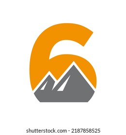 Letter 6 Mount Logo, Vektorsymbol. Berglandschaftslogo in Kombination mit Hill-Symbol und Vorlage