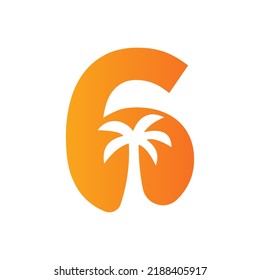 Letter 6 Palm Tree Logo Design Concept For Travel Beach Landscape Icon Vector Template