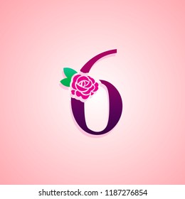 Letter 6 with Rose Flower for beauty and fashion logo