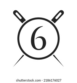 Letra 6 Logotipo sastre, combinación de aguja y hilo para bordado, textil, de moda, de tela, plantilla de tela
