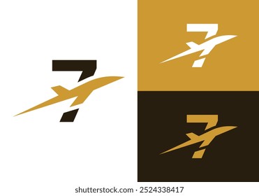 Letter 7 with aeroplane. Modern Travel logo Design Template