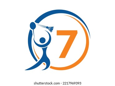 Letter 7 Badminton Logo Concept With Moving Badminton Icon. Badminton Sports Logotype Symbol Vector Template.