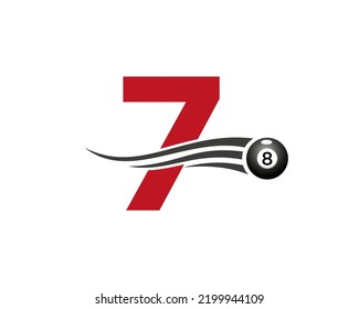 Letter 7 Billiards or Pool Game Logo Design For Billiard Room or 8 Ball Pool Club Symbol Vector Template