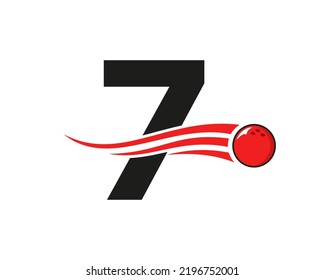 Letter 7 Bowling Logo. Bowling Ball Symbol With Red Moving Ball Vector Template