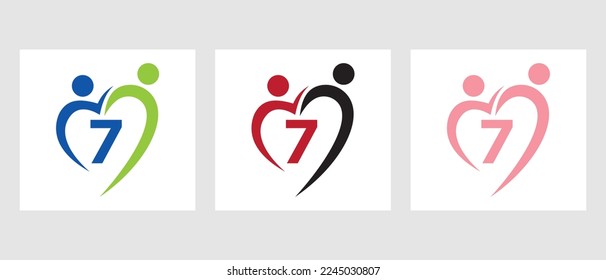 Letter 7 Community Logo Template. Teamwork, Heart, People, Family Care, Love Logo. Charity Donation Foundation Sign