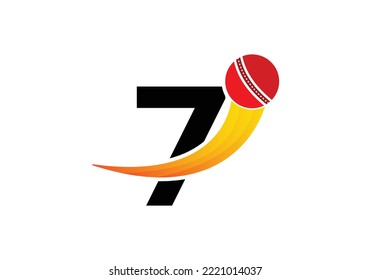 Letter 7 Cricket Logo Concept With Moving Cricket Ball Icon. Cricket Sports Logotype Symbol Vector Template Design.