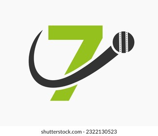 Carta 7 Concepto De Logo De Cricket Con Icono De Pelota En Movimiento Para Símbolo De Club De Cricket. Signo de criquet