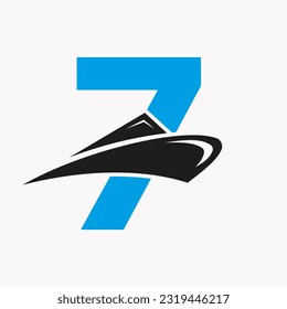 Letter 7 Cruise Ship Logo Boat Icon. Yacht Symbol, Marine Logotype Vector Template