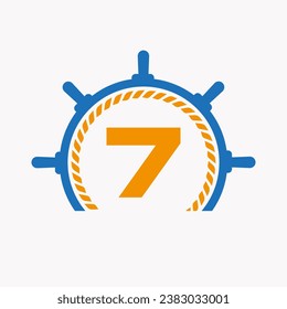 Letter 7 Cruise Steering Logo. Yacht Symbol, Ship Logotype, Marine Sign Template