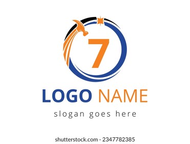 Letter 7 Hammer Logo Concept For Construction, Woodworking Company Repair Symbol Vector Template.  Modern vector logo for construction business, and company identity