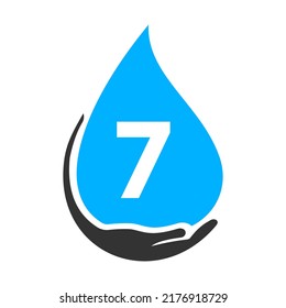 Letter 7 Hand and Water Logo Concept. Water Care Logo Vector Template