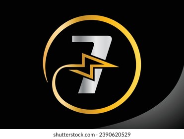 Letter 7 with lighting thunder bolt Logo Design Vector Template.
