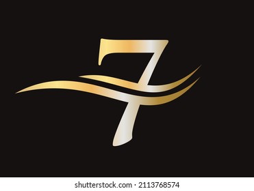 Letter 7 Logo Sign Design With Water Wave Concept. 7 Logo Design Vector Template