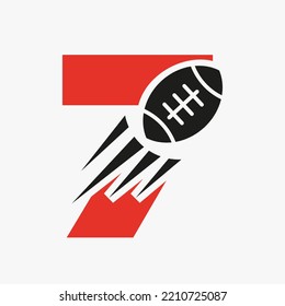 Letter 7 Rugby Logo Concept With Moving Rugby Ball Icon. Rugby Sports Logotype Symbol Vector Template