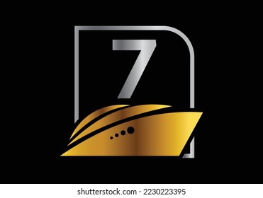 Letter 7 with the ship, cruise, or boat logo design template, icon sign symbol ocean waves vector illustration.