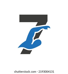 Letter 7 Swimming Logo Design. Swimming Club Symbol Vector Template