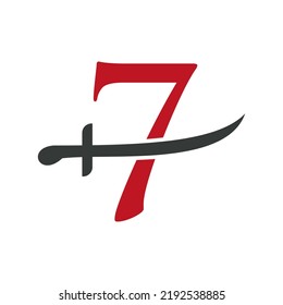 Letter 7 Swords Logo Vector Template. Swords Icon For Protection and Privacy Symbol